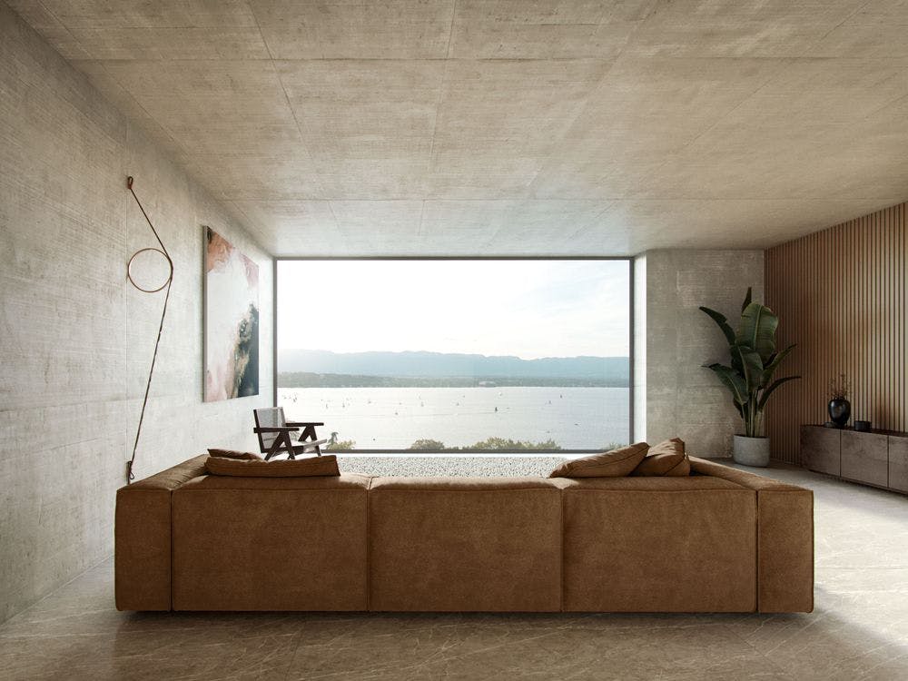 3d rendering image for the living room of PAR Architecture in Geneve. The visual focus on the minimal living room and its view to lake Geneve.