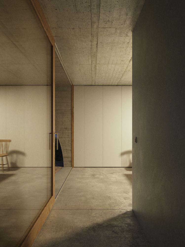 3d rendering visual of Aires Mateus house in Monsaraz. The view shows the corridor connection to the kitchen and exterior of the house.