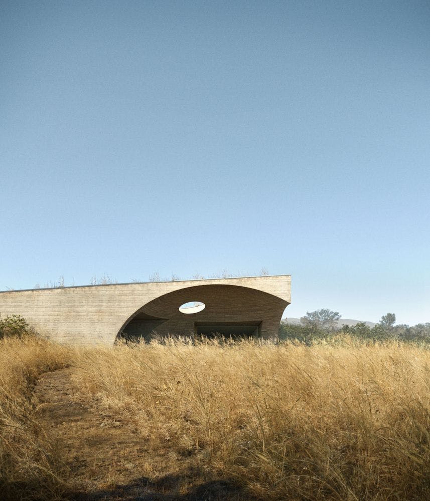 3d rendering image of Aires Mateus architects showing a blue hot afternoon. Blue Sky contrasting with the concrete architecture and the golden grass fields. 