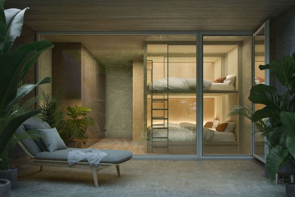 3d rendering of the double bed room. Diffuse light outside, warm light inside. Green vegetation on the patio.