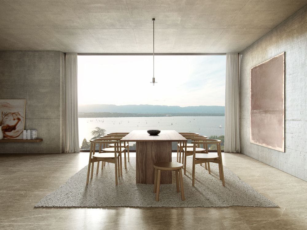3d rendering of Par Architecture house in Geneve. The image focus on the minimalist dinning room and the view to lake Geneve.